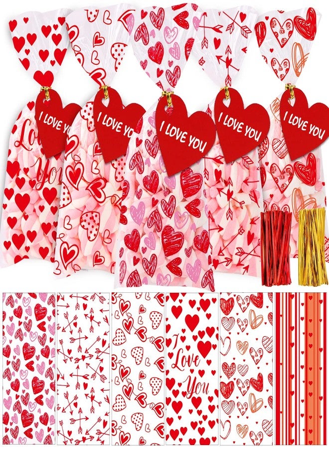YUJUN 120 PCS Valentines Cellophane Treat Bags,Valentines Present Goodie Candy Red Heart Clear Cello Bags with 100 Pieces Heart Tags for Valentine's Day Weeding Party Favor Supplies(6 Styles) - Image 1